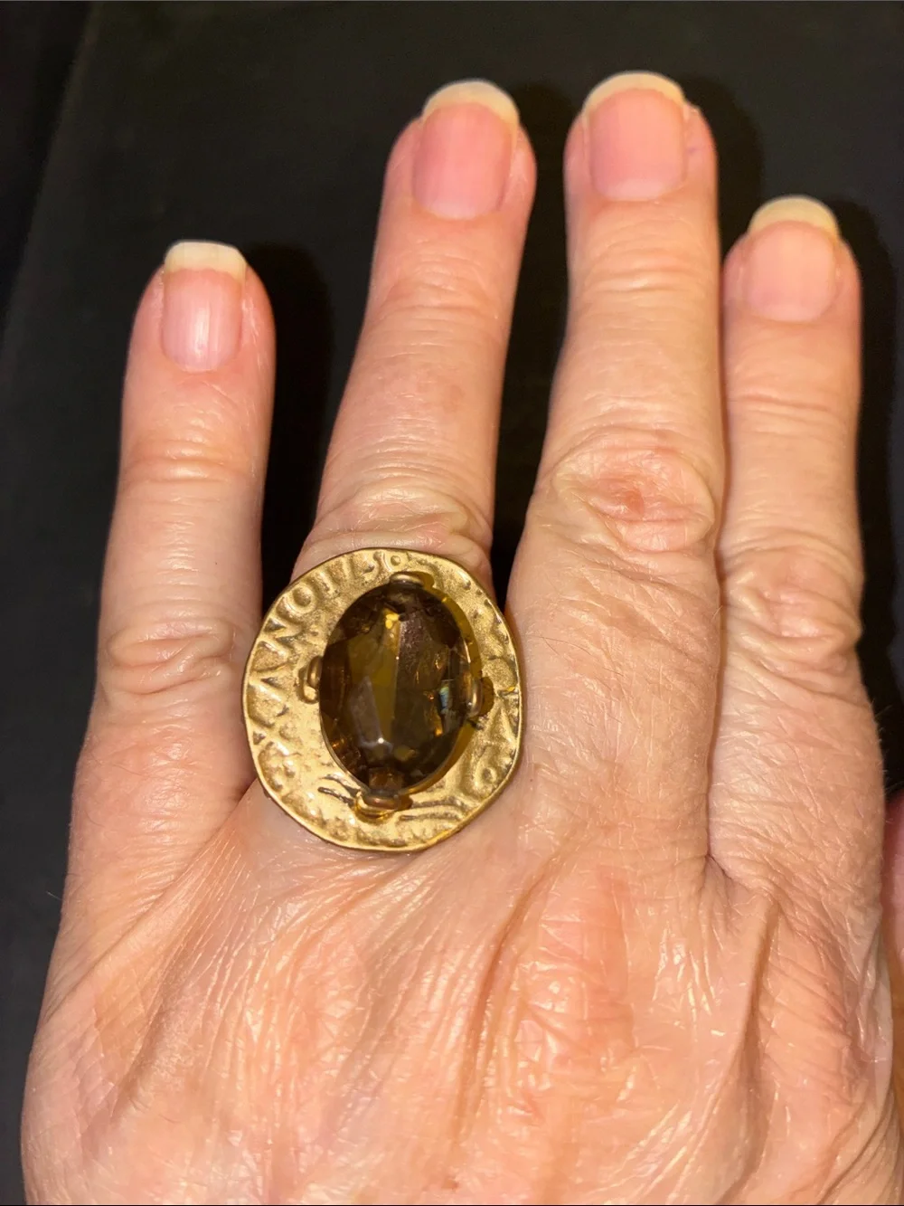 Gold-Tone Stretch Ring with Amber Brown Stone